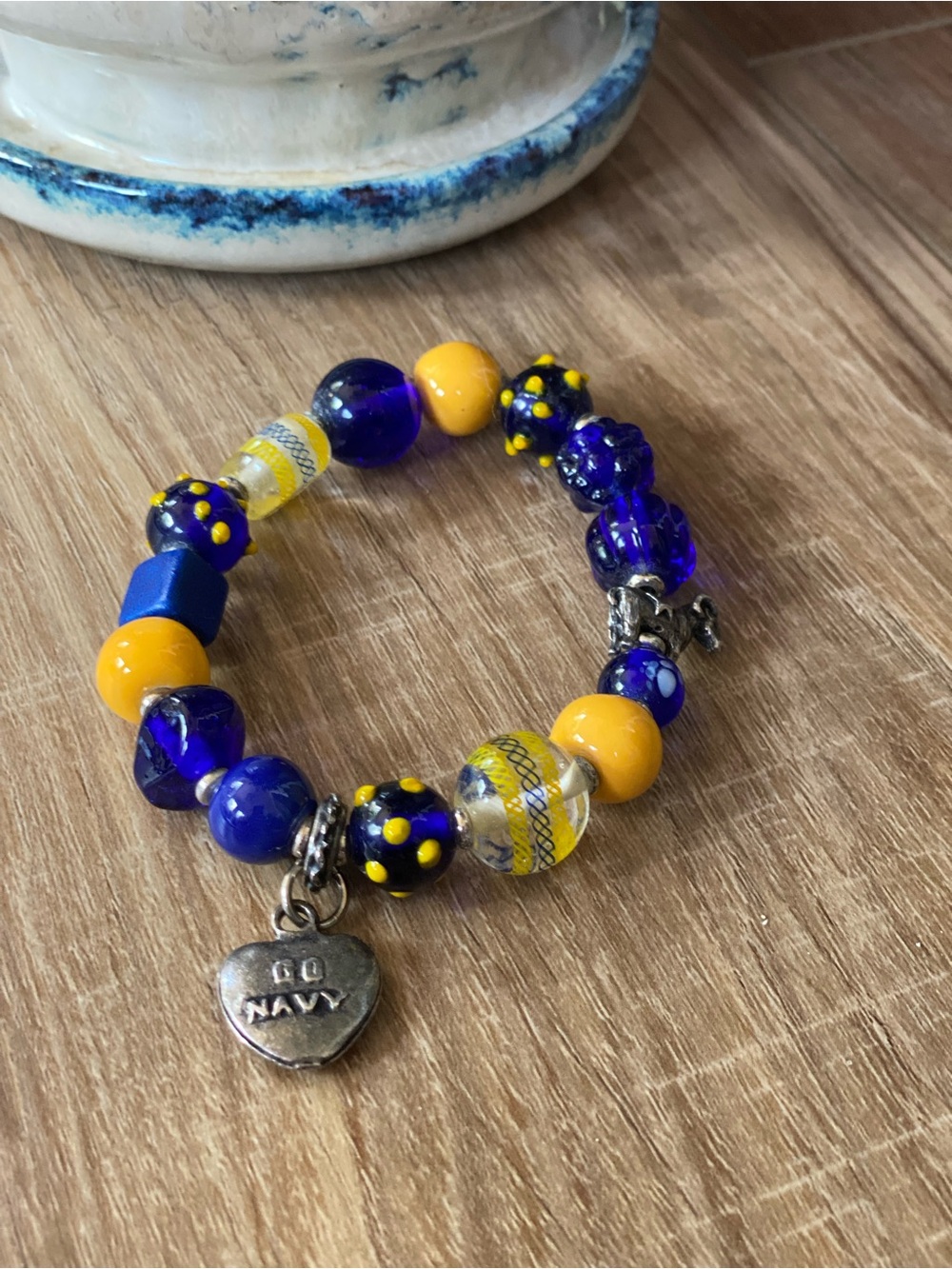 Mother’s Blue & Yellow Beaded Charm Bracelet with 'Go Navy' Heart & Goat Charms